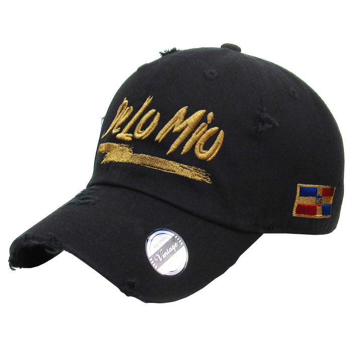 De lo mio embroidered  Logo Vintage Hats (Black / Metallic Gold) Peligro Sports