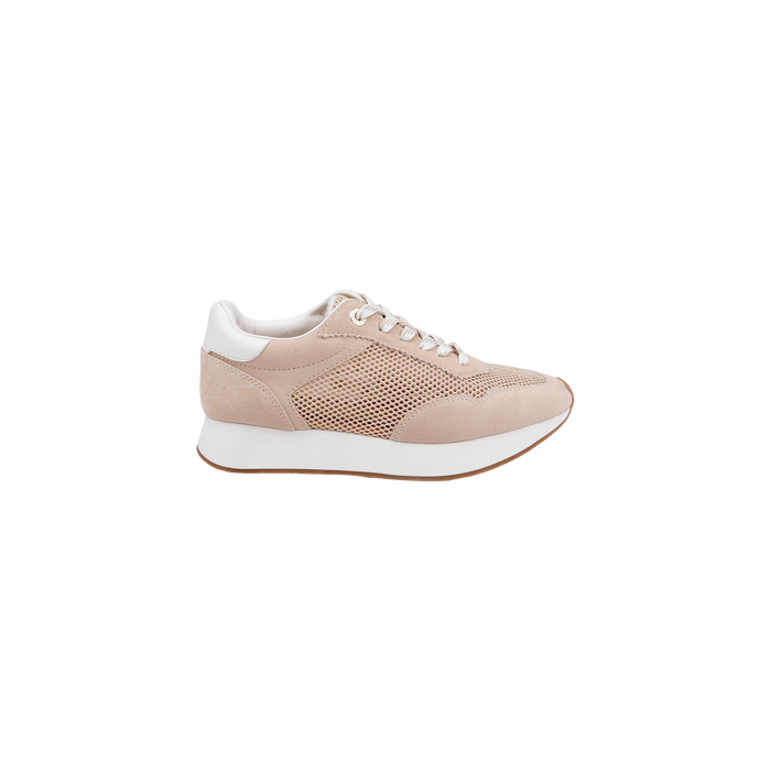 The Deepa Platform Sneaker features mesh and tan suede paneling in beige and white, white laces, a thick white sole, and a comfortable memory foam insole, shown against a plain white background.