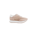 The Deepa Platform Sneaker features mesh and tan suede paneling in beige and white, white laces, a thick white sole, and a comfortable memory foam insole, shown against a plain white background.