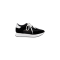 The Deepa Platform Sneaker in black suede features white laces, a white heel accent, and a white sole with a memory foam insole, displayed on a plain light background.