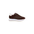 The Deepa Platform Sneaker is a chocolate suede and leather platform sneaker with white accents and a thick white sole, shown in side profile on a plain white background. It features a memory foam insole for added comfort.