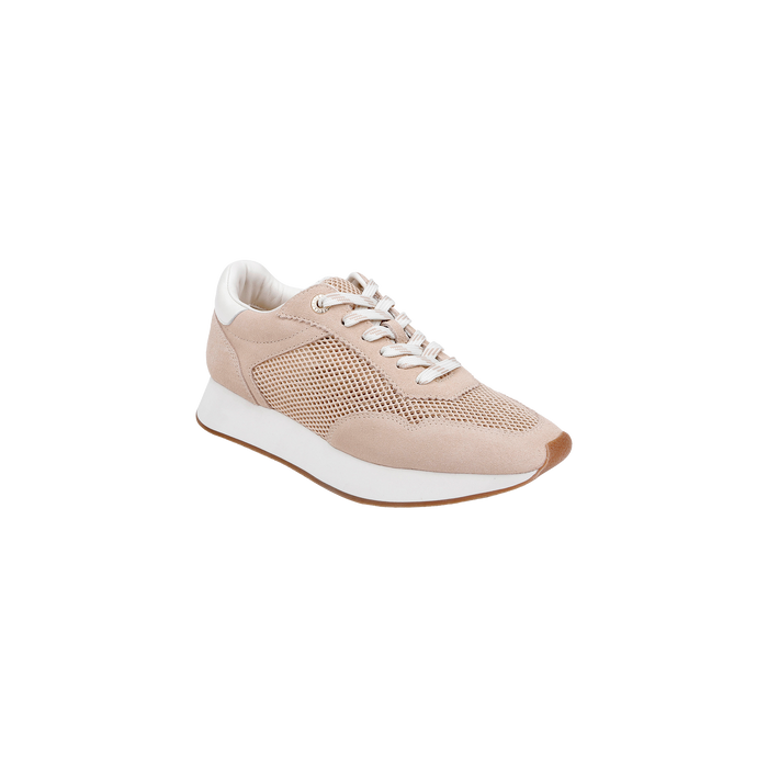 Beige and white Deepa Platform Sneaker featuring mesh panels, tan suede accents, white laces, a thick white sole, and a comfortable memory foam insole, shown against a plain white background.