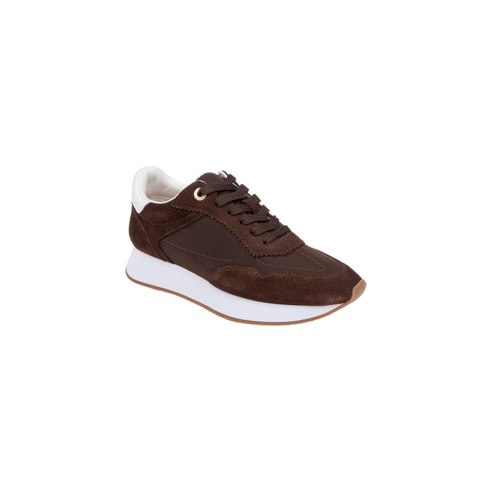 The Deepa Platform Sneaker is a chocolate suede and leather sneaker with brown laces, a white sole, and a memory foam insole, shown on a plain white background.