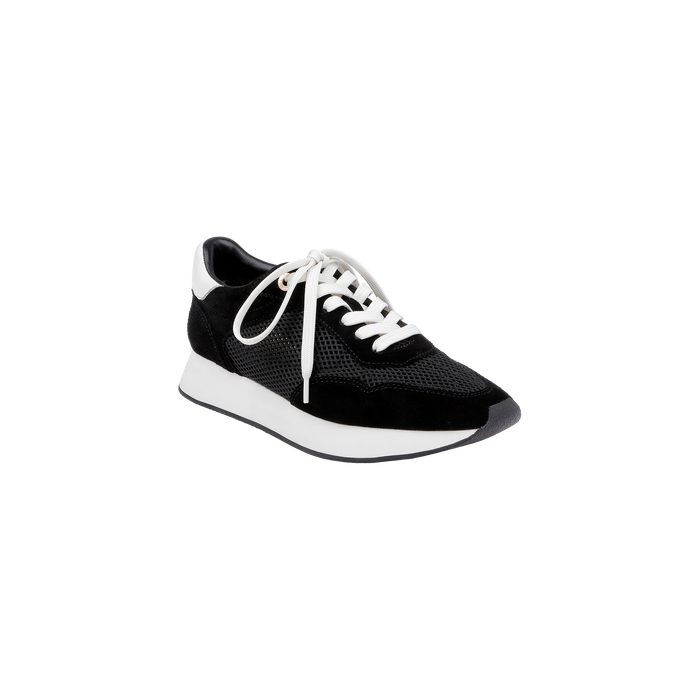 The Deepa Platform Sneaker is a black suede shoe featuring white laces, a thick white sole, black accents, a memory foam insole, and mesh detailing, shown on a plain white background.
