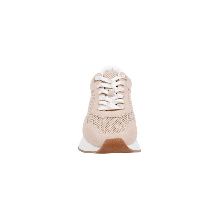 A front view of the Deepa Platform Sneaker in beige and white, showcasing white laces, a mesh upper, a memory foam insole, and a white sole with a light brown bottom, set against a plain white background.