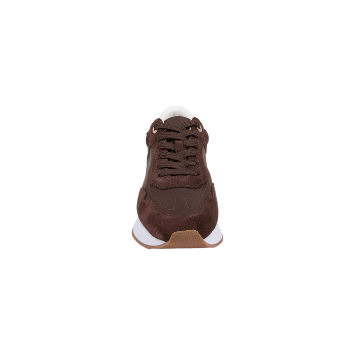 Front view of the Deepa Platform Sneaker in chocolate suede with brown laces, a white midsole, and a tan rubber outsole, featuring a comfortable memory foam insole, shown on a plain white background.