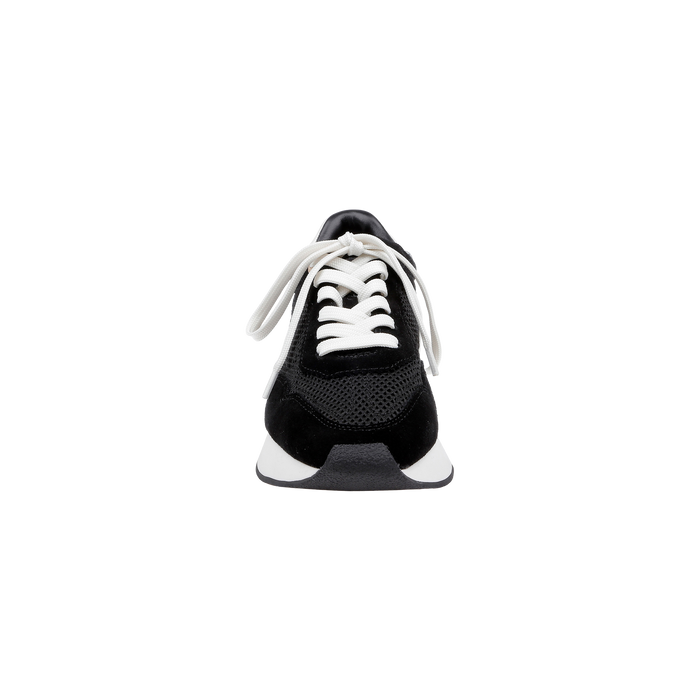 Front view of the Deepa Platform Sneaker in black suede with white laces and a white sole, featuring a memory foam insole, isolated on a plain white background.