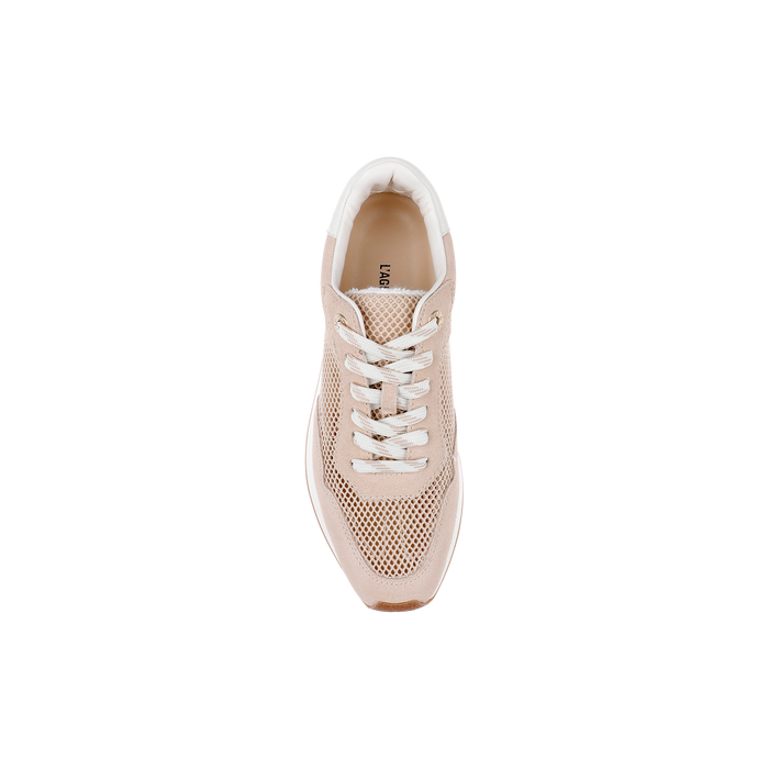 A top view of a tan suede Deepa Platform Sneaker with white laces, mesh detailing, and a comfortable memory foam insole, displayed against a plain white background.