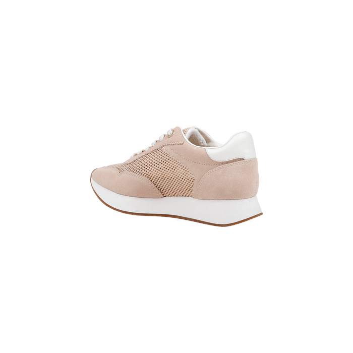 The Deepa Platform Sneaker in tan suede features white laces, a white heel accent, and a thick white sole with a brown bottom. Shown from the side against a plain white background, this sneaker is designed for comfort with its memory foam insole.