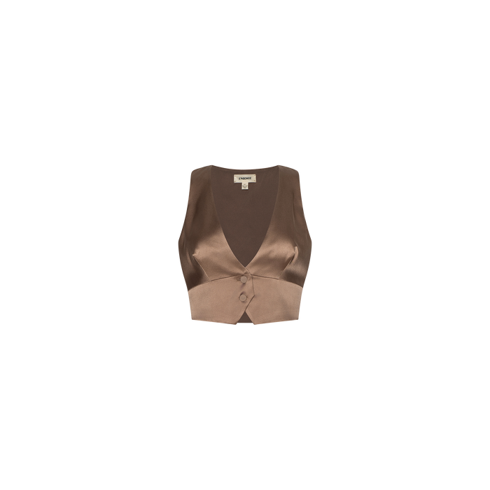 The Devony Silk Vest, crafted from brown silk charmeuse, features a deep plunge neckline, front button closure, and a small bow detail, shown against a plain white background.