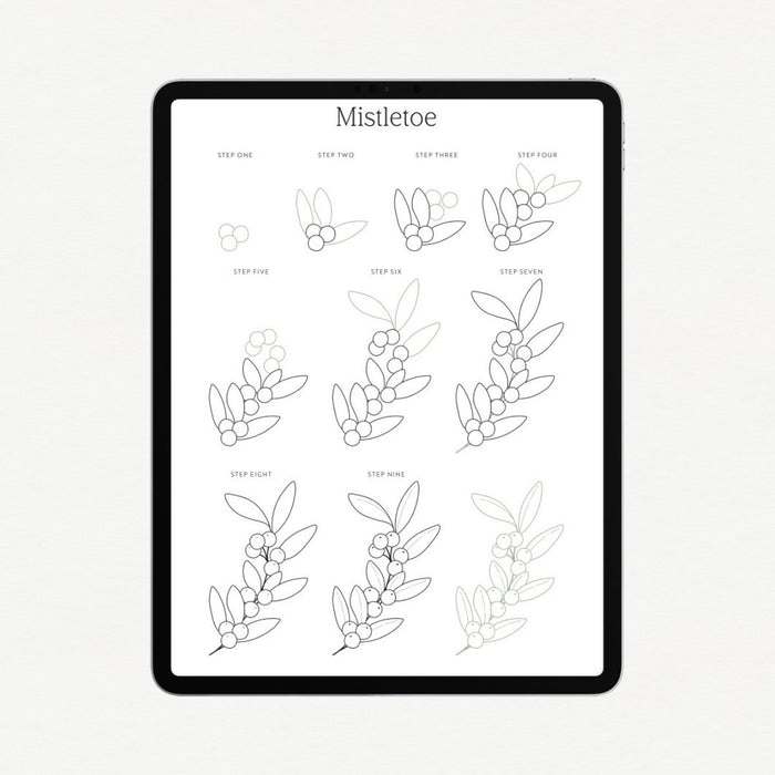 A sample page shown on an ipad - from the Christmas Wreath: Festive Drawing Guide by Emma Webb