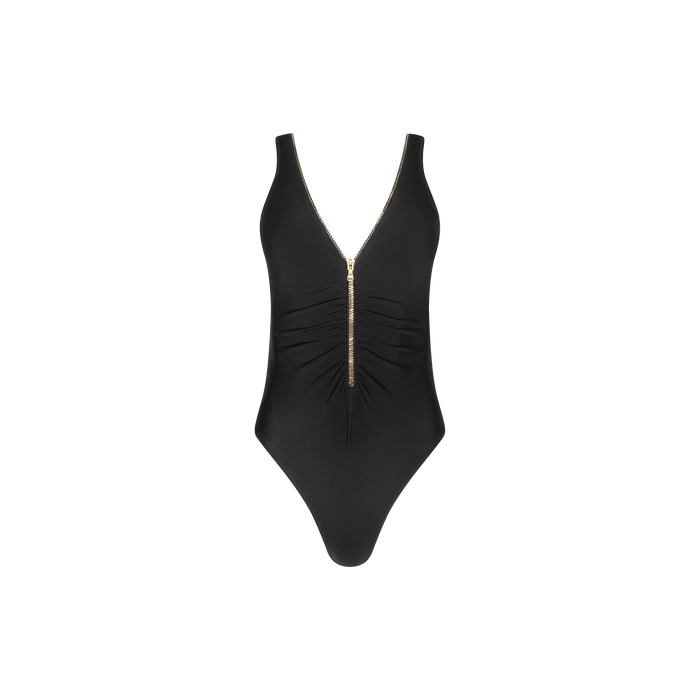 Introducing the Dorrie Plunge One-Piece Swimsuit, this black swimsuit features a dramatic deep V-neckline, gathered fabric at the waist, and a striking gold zipper running vertically down the front for added flair. The front zip design is showcased against a simple white background.