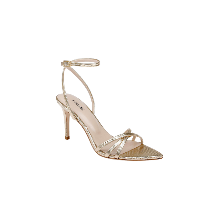 A single Dua Leather Sandal in gold lizard-embossed leather, featuring a stiletto heel with slender ankle and delicate crisscross toe straps, displayed on a plain white background.