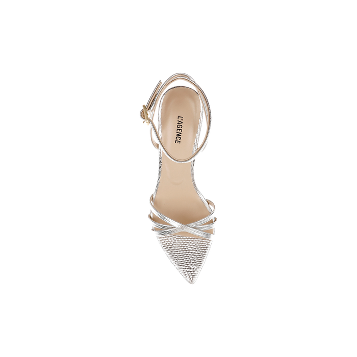 Top view of the Dua Leather Sandal in silver lizard-embossed leather, featuring a pointed toe, crisscross straps, ankle buckle fastening, and a memory foam insole, displayed on a plain white background.