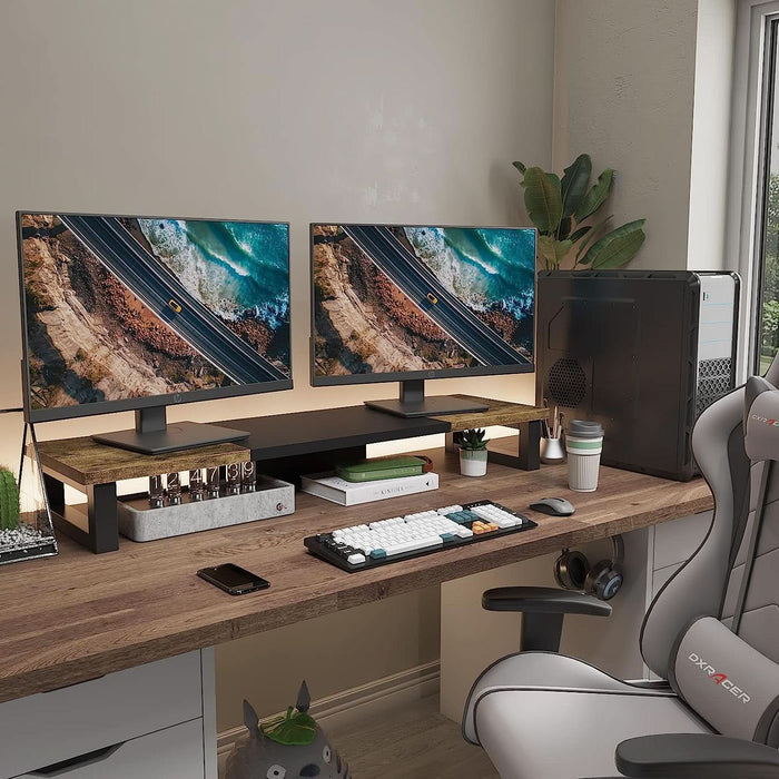 Dual Monitor Stand Riser Wood And Steel For Two Monitors ShipItFurniture