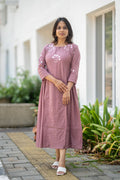 Dusty mauve shaded Kora mul cotton A-line kurti with thread worked yoke and sleeve MBS-583