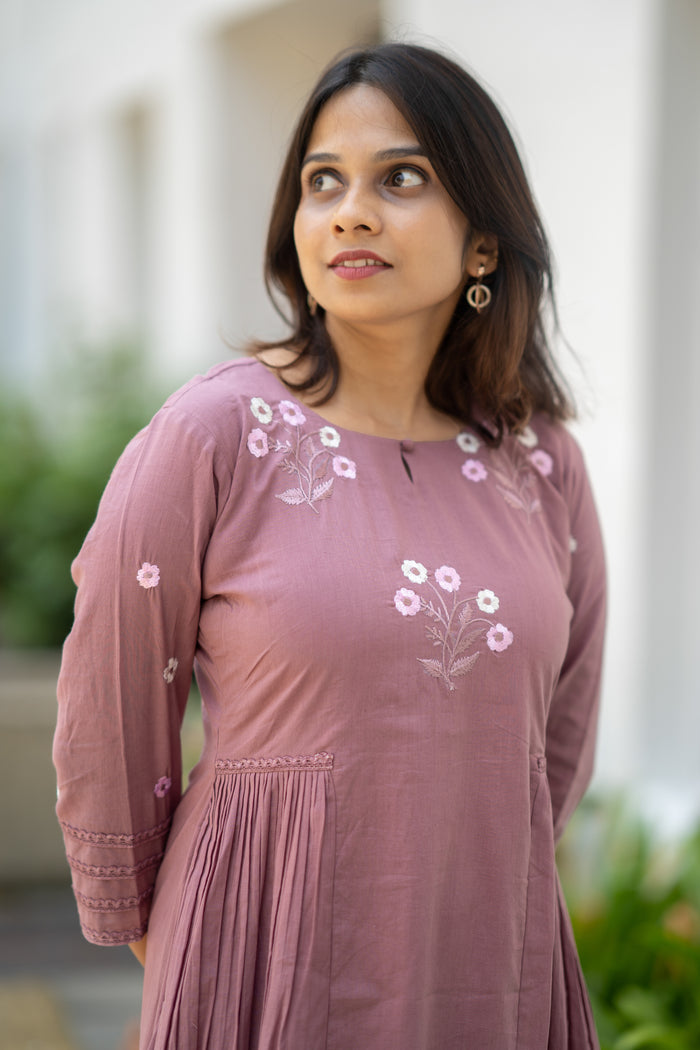 Dusty mauve shaded Kora mul cotton A-line kurti with thread worked yoke and sleeve MBS-583