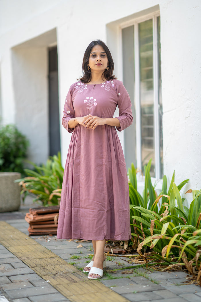 Dusty mauve shaded Kora mul cotton A-line kurti with thread worked yoke and sleeve MBS-583