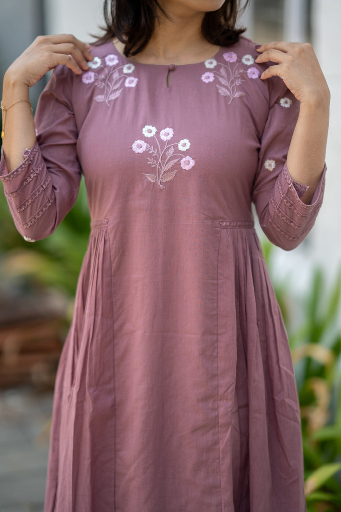 Dusty mauve shaded Kora mul cotton A-line kurti with thread worked yoke and sleeve MBS-583