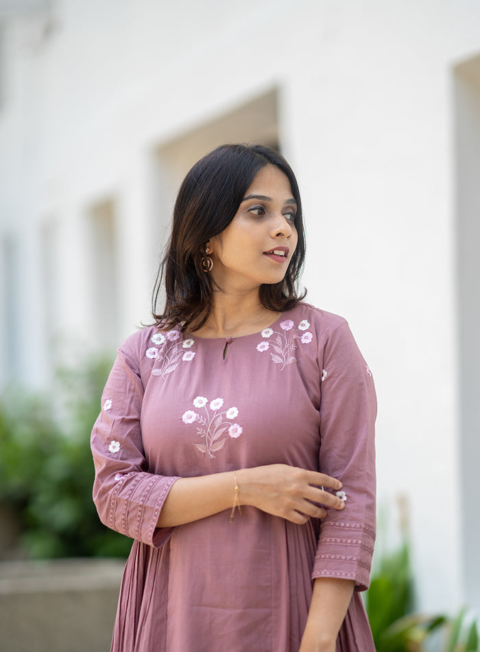 Dusty mauve shaded Kora mul cotton A-line kurti with thread worked yoke and sleeve MBS-583