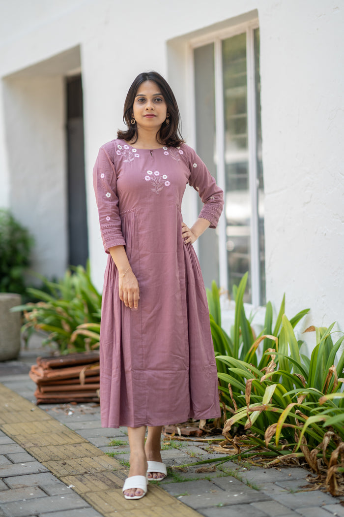 Dusty mauve shaded Kora mul cotton A-line kurti with thread worked yoke and sleeve MBS-583