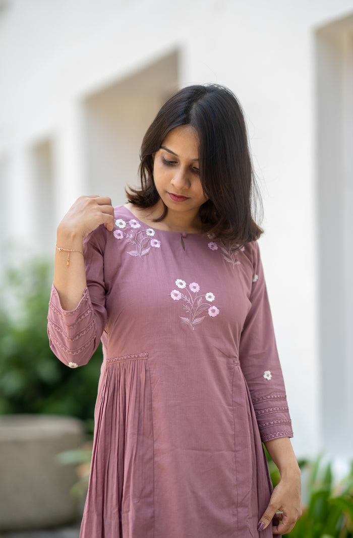 Dusty mauve shaded Kora mul cotton A-line kurti with thread worked yoke and sleeve MBS-583