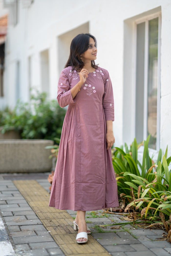 Dusty mauve shaded Kora mul cotton A-line kurti with thread worked yoke and sleeve MBS-583
