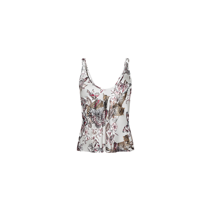 Eddie Tank: Sleeveless white satin top with a deep V-neckline, featuring an intricate and vibrant multicolored animal and floral print on bias-cut fabric, displayed against a plain white background.