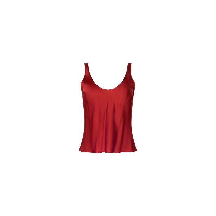 The Eddie Tank is a sleeveless, poppy red bias-cut satin top with a flattering scoop neckline, shown against a plain white background.