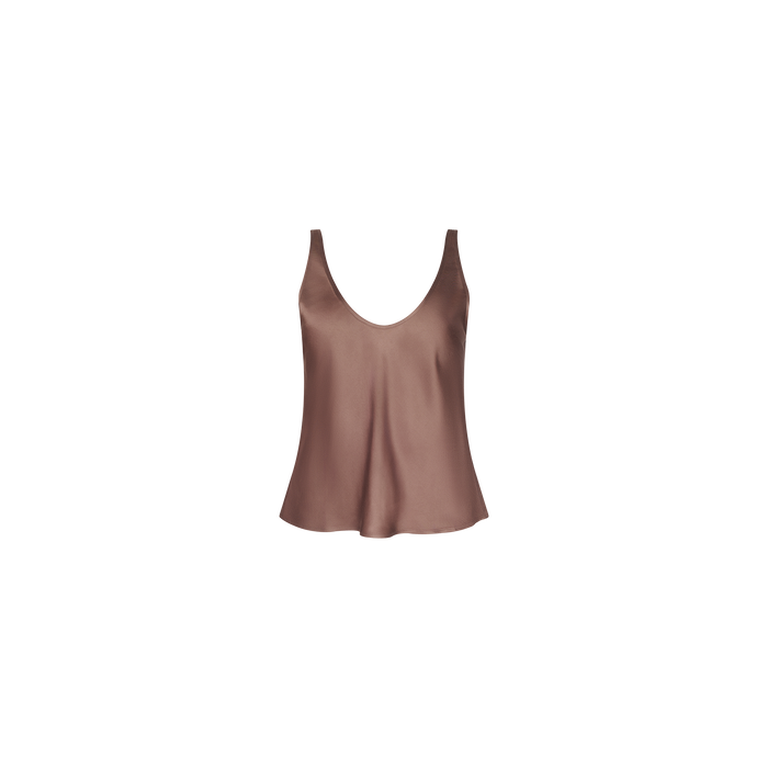 The Eddie Tank is a sleeveless camisole top in bias-cut, cardamom brown satin featuring a scoop neckline, shown against a plain white background.