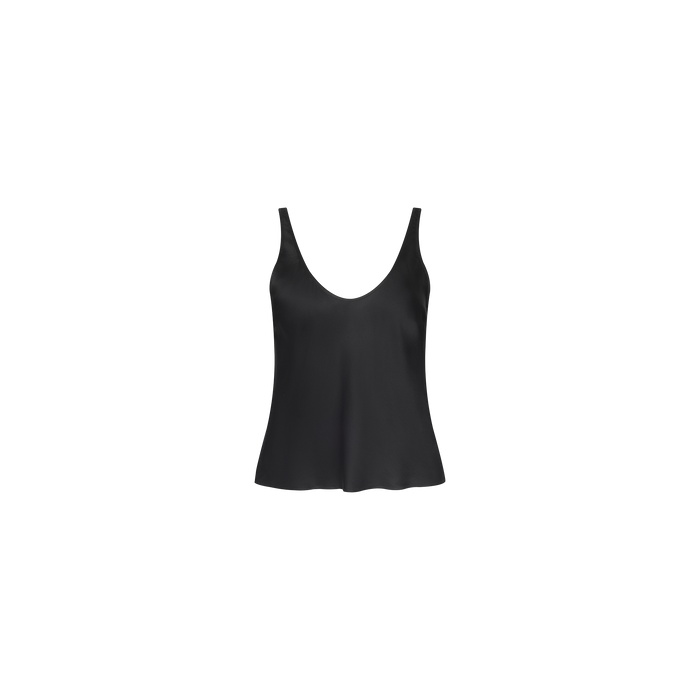 The Eddie Tank is a black bias-cut satin camisole with thin straps and a scoop neckline, offering a flattering drape, shown against a plain white background.