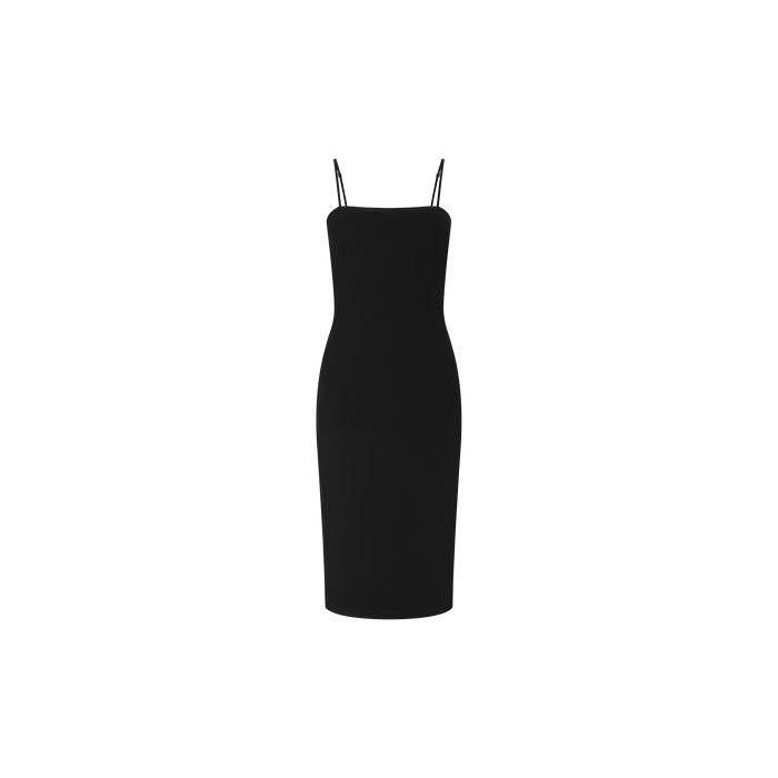 The Eira Midi Dress is a simple, sleeveless black slip dress made from super stretch ponte, featuring thin adjustable straps and a straight neckline, displayed on a plain white background.