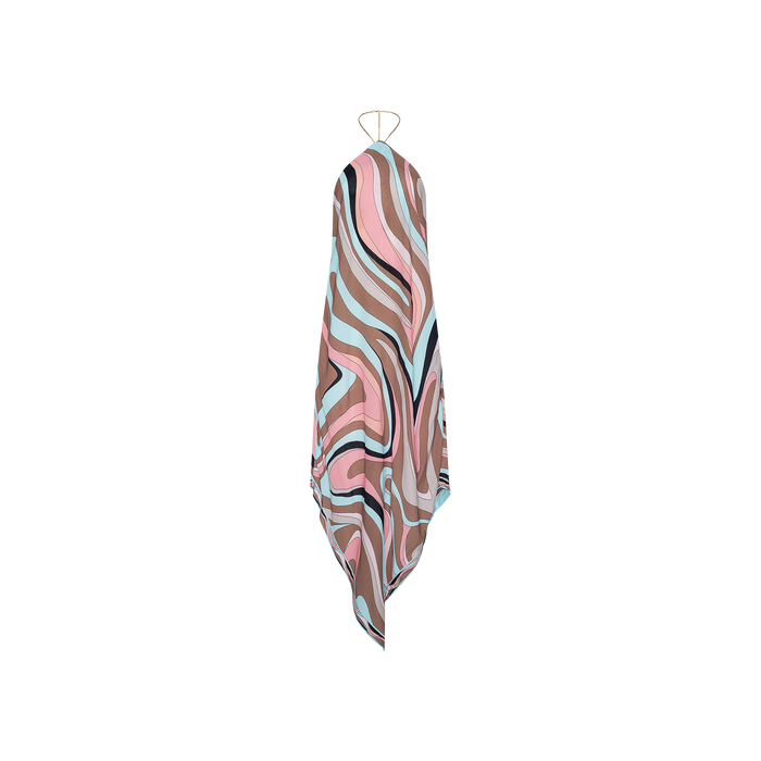 A multicolored patterned Elise Cover-Up Dress featuring an abstract swirl print in pink, brown, beige, and light blue lines, crafted from water-safe crepe and displayed against a plain white background.