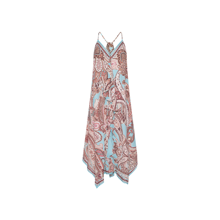 The Elise Cover-Up Dress is a sleeveless, V-neck halter midi dress with thin straps and a handkerchief hem, crafted from lightweight, water-safe crepe fabric in a pink and blue paisley print.