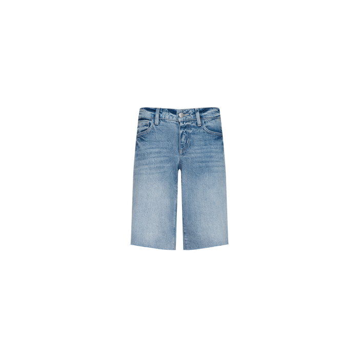 Elise Jean Bermuda Short in light blue features a relaxed fit, button and zip closure, front and back pockets, and a faded wash, displayed on a plain white background.