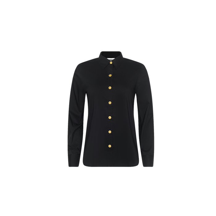 The Ellery Button-Down Shirt is a black, long-sleeve blouse featuring a collared neckline and gold buttons. Designed in a relaxed fit, this shirt is showcased against a plain white background.