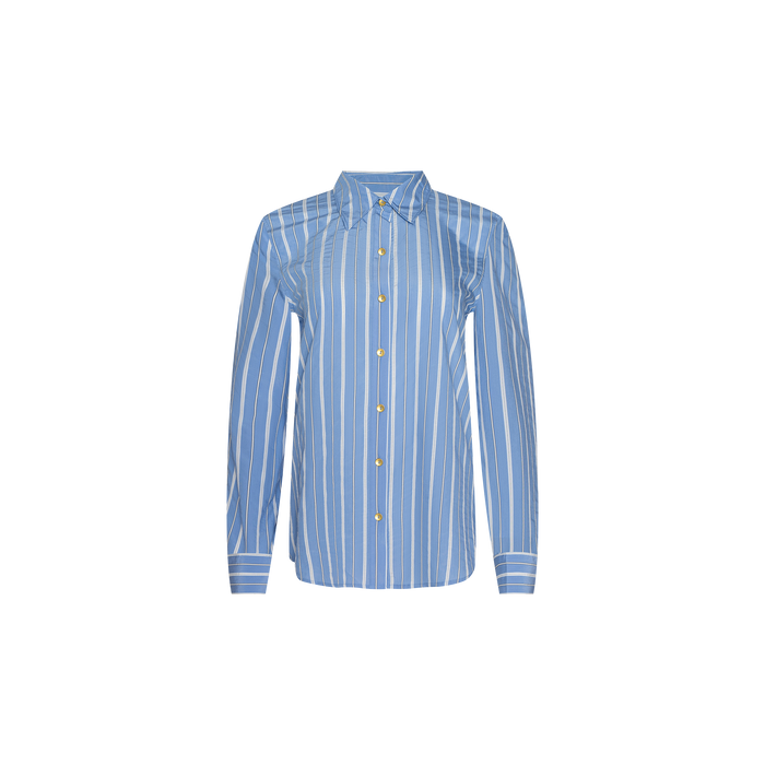 Ellery Poplin Shirt in blue and white vertical stripes, featuring a collar, long sleeves, button-down front, and a relaxed fit, shown on a plain white background.