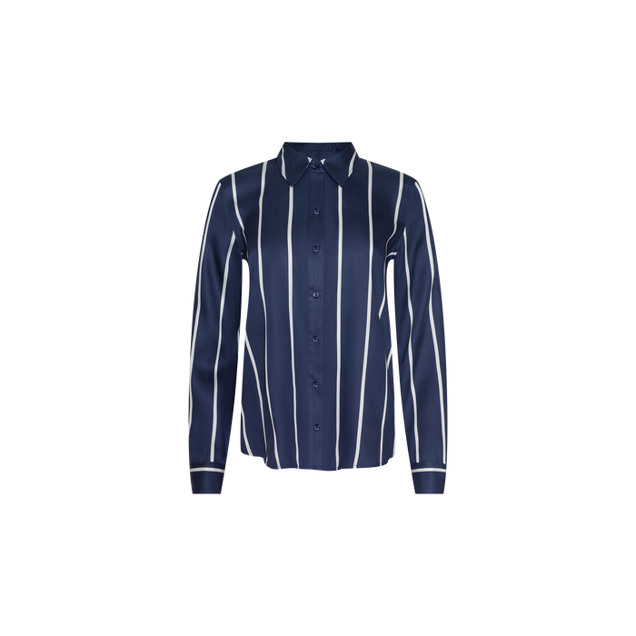 The Ellery Shirt is a long-sleeve, navy blue button-down with white vertical stripes and a classic collar, crafted from lightweight tencel for a relaxed fit and shown against a plain white background.