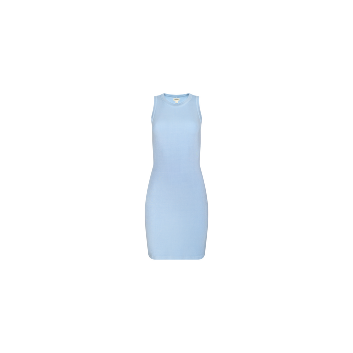 The Ellis Tank Dress is a pale blue, sleeveless mini dress with a fitted silhouette, showcased on a plain white background. It features a classic crew neckline and a racerback design, offering a simple, minimalist style with no visible patterns or embellishments.