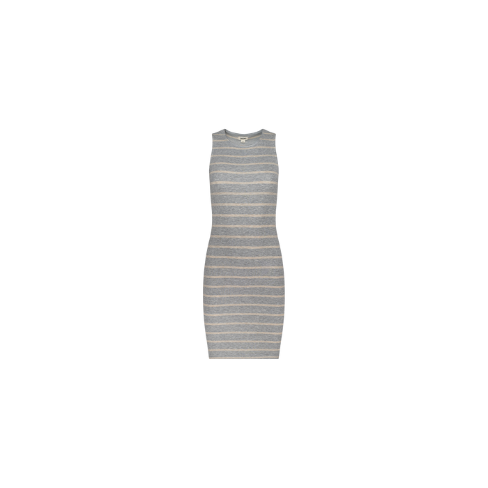 The Ellis Tank Dress is a sleeveless, knee-length stretch rib bodycon dress with light gray and white horizontal stripes, featuring a racerback silhouette and displayed on a plain white background.