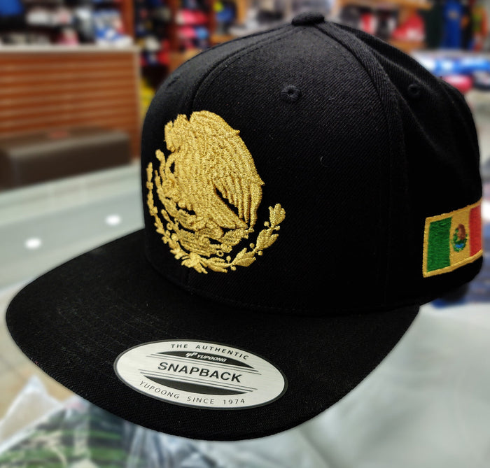 Embroidered Shield and flag SnapBack Mexico Black - Gold Hat Peligro Sports