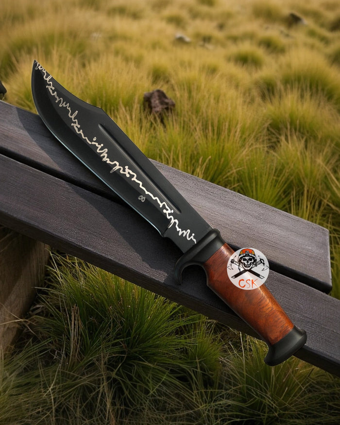 Engraved Black Bowie Knife –Leather Stack Handle & Collectible Blade cskforged