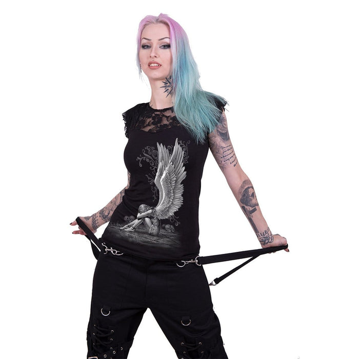 ENSLAVED ANGEL - Lace Layered Cap Sleeve Top Black Spiral USA