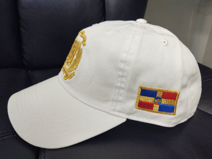 Escudo Republica Dominicana - Dominican Shield White / Metallic Gold Color Dad Hat Peligro Sports