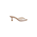 The Esther Kitten-Heel Mule is a beige sandal with a clear vinyl upper, featuring a wide strap across the front and a pointed toe, shown against a white background.