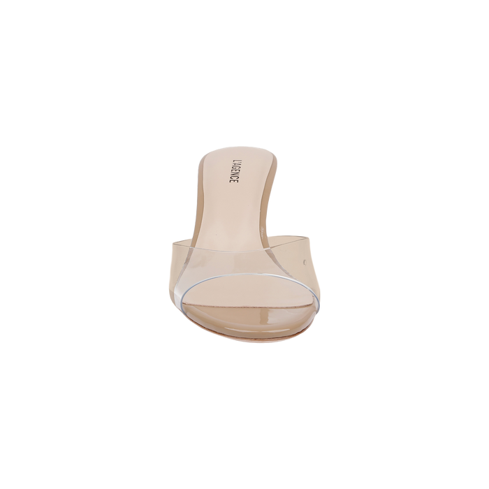 The Esther Kitten-Heel Mule is a clear, open-toe sandal featuring a transparent strap and nude sole, designed with a clear vinyl upper and shown from the front against a plain white background.