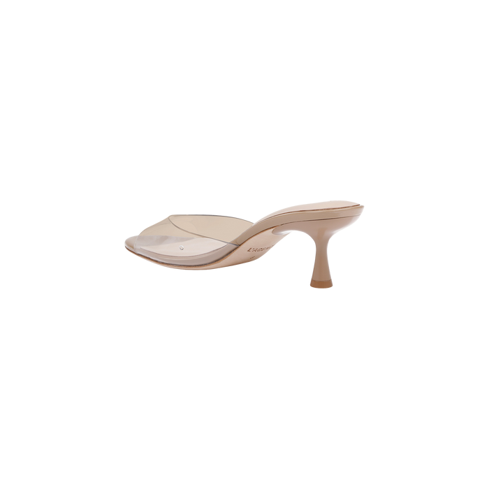 The Esther Kitten-Heel Mule, featuring a nude-colored open toe design with a clear vinyl upper and a sleek stiletto heel, is displayed on a plain white background.