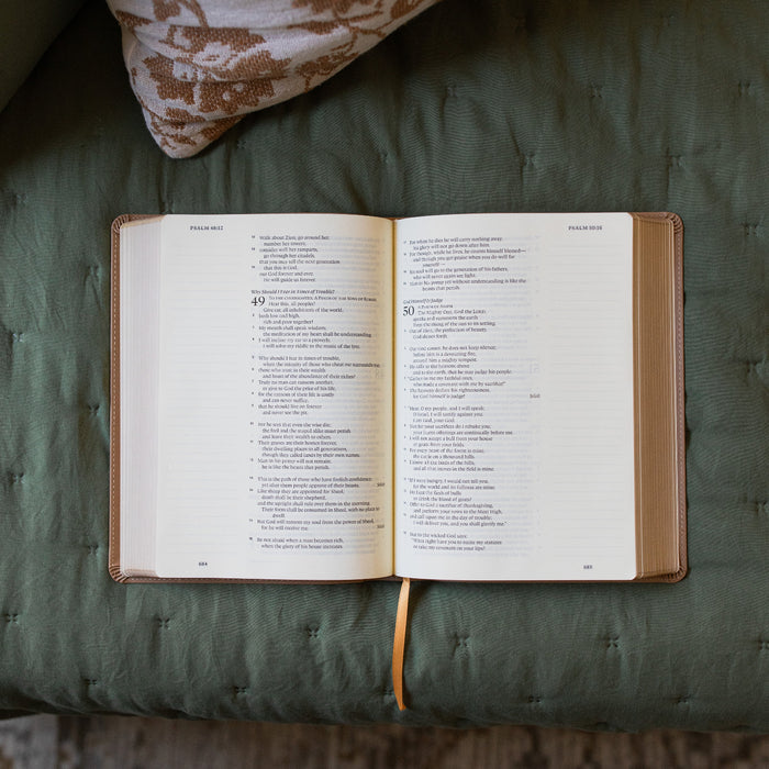 ESV Journaling Bible opened to Psalms on a green blanket