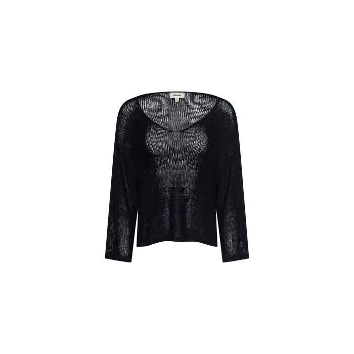 The Ethan Knit Pullover is a sheer black long-sleeve knit with a wide off-shoulder neckline, shown on a plain white background.