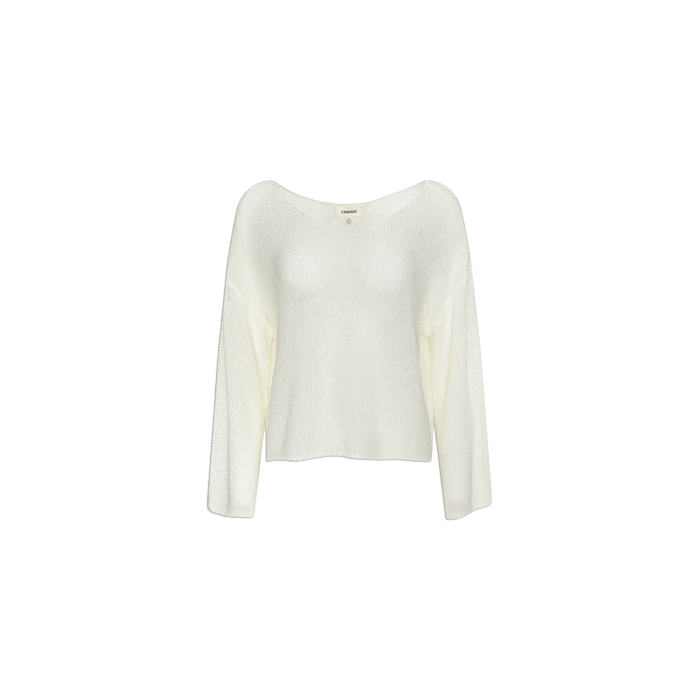 The Ethan Knit Pullover, a long-sleeved white knit with a relaxed fit and wide off-shoulder neckline, is centered on a plain white background.